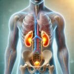 A realistic and engaging medical illustration showing the location of the adrenal glands above the kidneys in the human body, highlighting their role in hormone production and adrenal health.