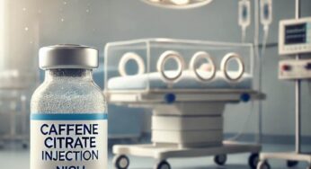 A medical vial labeled 'Caffeine Citrate iv Injection' with a syringe on a sterile hospital table, used for treating apnea of prematurity in premature infants.