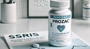 A medical illustration of a prescription bottle labeled 'Fluoxetine (Prozac)' placed on a white pharmacy counter, with an informational leaflet about SSRIs and mental health treatment in the background