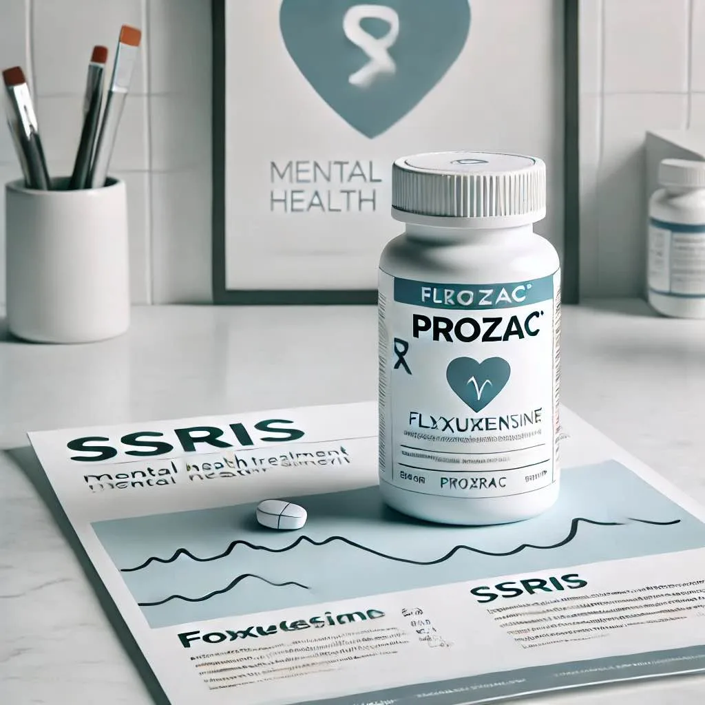 A medical illustration of a prescription bottle labeled 'Fluoxetine (Prozac)' placed on a white pharmacy counter, with an informational leaflet about SSRIs and mental health treatment in the background