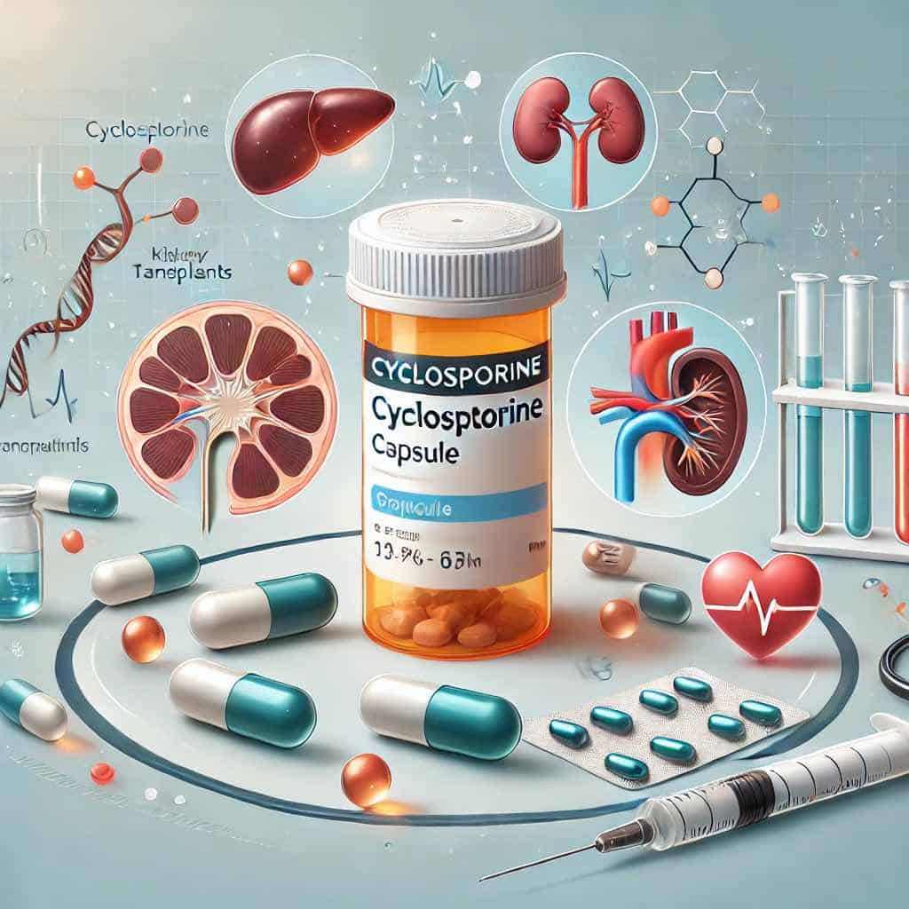 A medical illustration of Cyclosporine medication, showing a prescription bottle labeled “Cyclosporine” alongside capsules. The image highlights its use in preventing organ rejection in kidney, liver, and heart transplants, as well as treating rheumatoid arthritis, with a subtle background depicting a hospital or pharmacy setting.