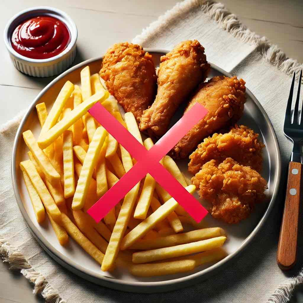 A plate containing deep-fried foods like French fries and fried chicken, with a bold red “X” over it, indicating unhealthy choices.