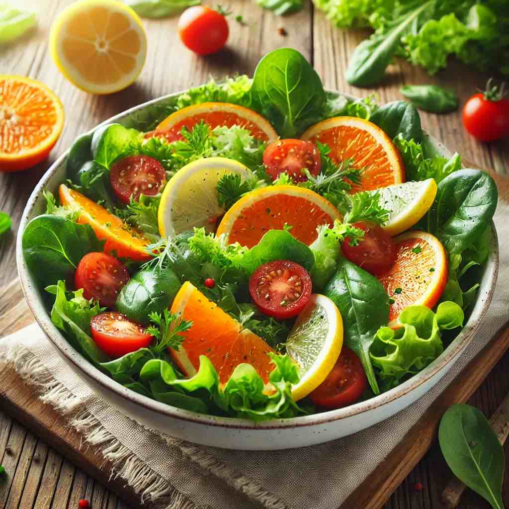 A vibrant salad made with fresh spinach, lettuce, cherry tomatoes, and citrus slices, served in a glass bowl.