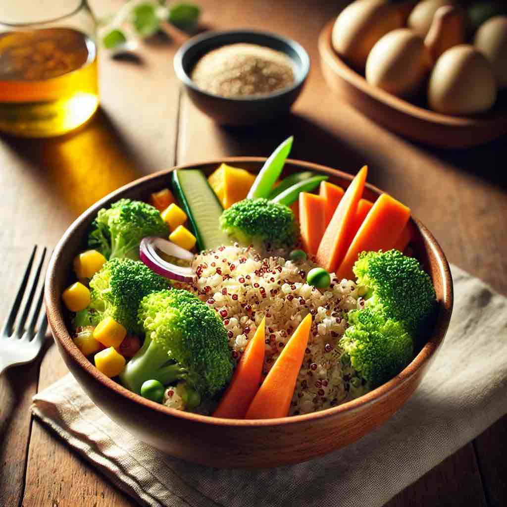 A nutritious bowl of cooked quinoa paired with colorful steamed vegetables, including bell peppers and green beans.