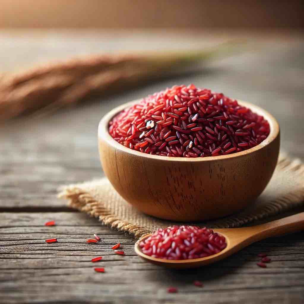 A rustic wooden bowl filled with red yeast rice, placed on a wooden table with scattered grains around it.