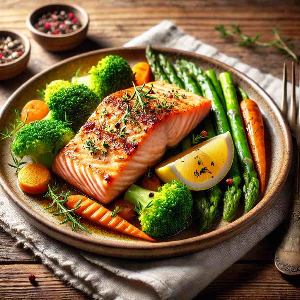 A perfectly grilled salmon fillet served with a side of steamed broccoli, carrots, and asparagus on a white plate.