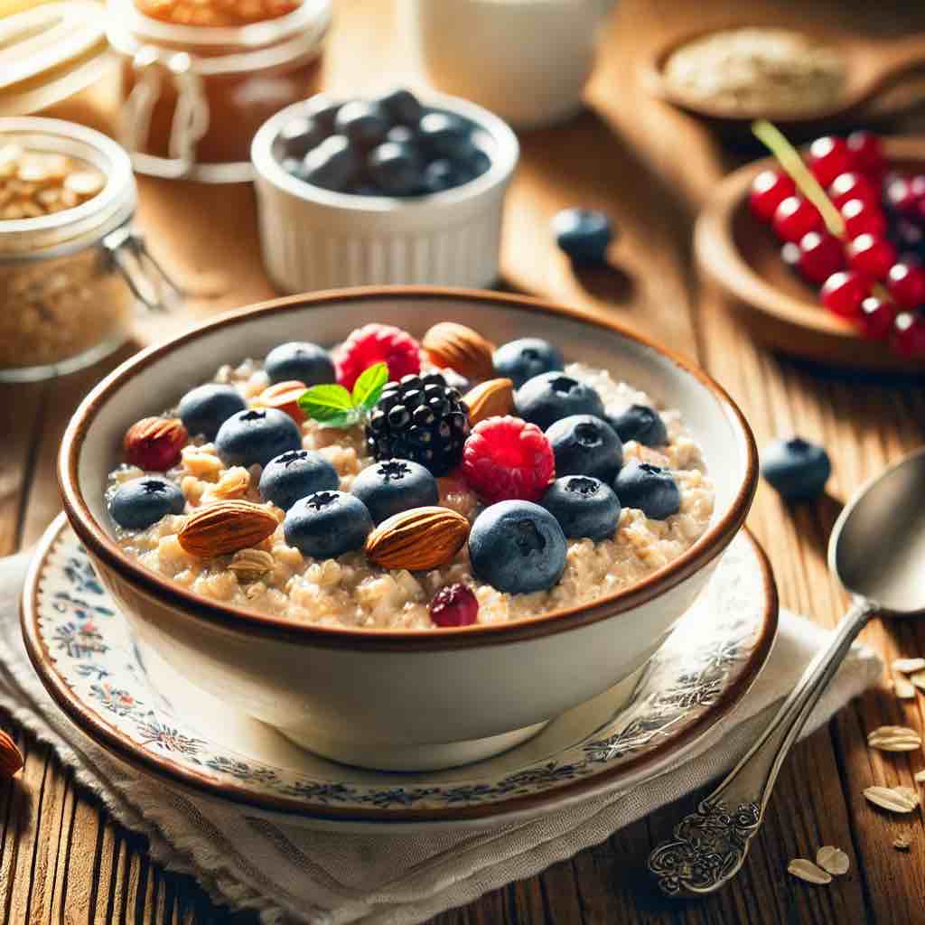 A warm bowl of oatmeal garnished with fresh blueberries, strawberries, and nuts, served on a wooden table.