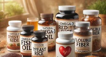 Best Supplements for High Cholesterol:A collection of natural cholesterol-lowering supplements, including omega-3 fish oil, red yeast rice, and flaxseed, displayed on a wooden surface with the text “Discover Best Supplements for Cholesterol.