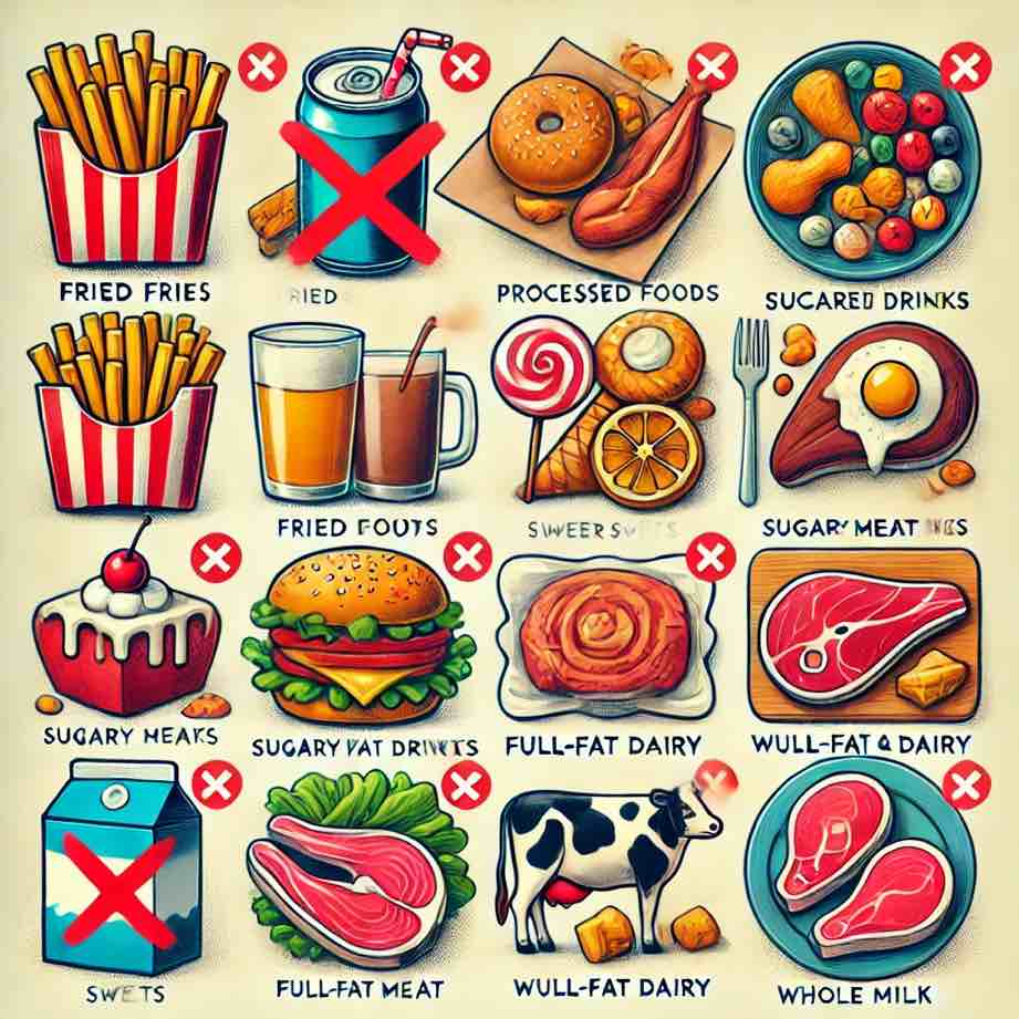 Unhealthy foods to avoid for cholesterol management, including fried foods, sugary drinks, sweets, red meat, and full-fat dairy, marked with red crosses.